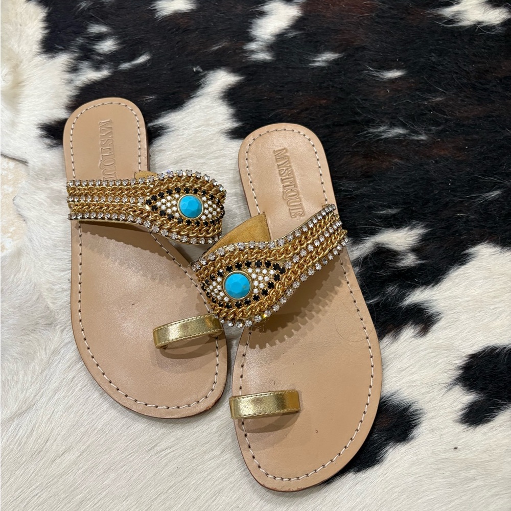 Mystique Boutique Tan Sandals with Turquoise Embellishments
